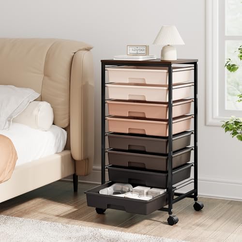 TOOLF Rolling Storage Cart with 8 Drawers,Brown | Utility Cart on Wheels with Wooden Tabletop,Teacher Organization for Classroom, Art Cart for Office,Bedroom,Craft Room