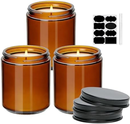 8oz Amber Candle Jars Set of 3,Round Glass Jar with Black Lids