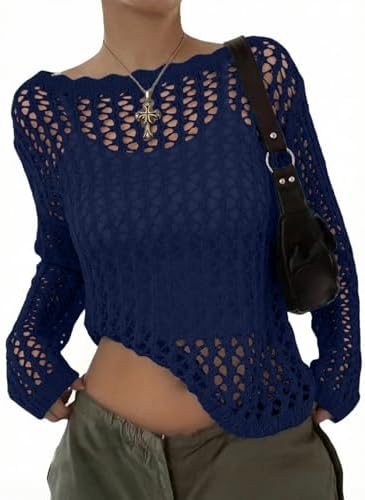 EVALESS Crochet Tops for Women Long Sleeve Hollow Out Knit Sweaters