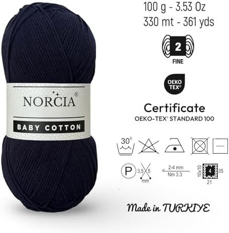 Baby Cotton, 55% Cotton 45% Acrylic Yarn, Fine/Sport (2) for Crochet and Knitting, Soft Amigurumi Yarn, 100 gr (361 yds)