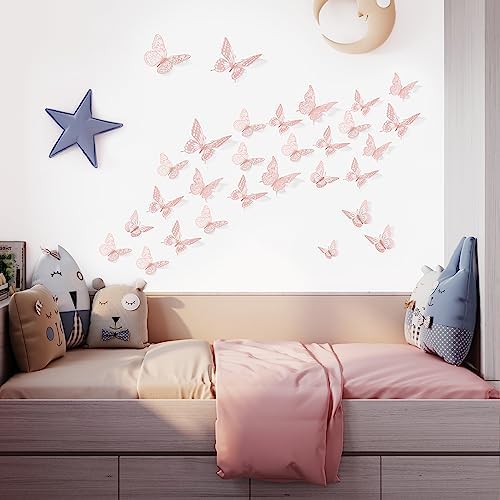 SAOROPEB 3D Butterfly Wall Decor 48 Pcs Pink Butterfly Decorations | 4 Styles 3 Sizes, Birthday Decorations Pink Room Decor Butterfly Party Decorations Cake Decorations, Removable Wall Stickers