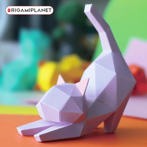3D Origami Paper Craft Kit, Yoga Kitten Cute DIY Pre-Cut Animal Papercraft Model for Beginners, Fun Handmade Home Decoration Gift for Adults & Teens-Purple