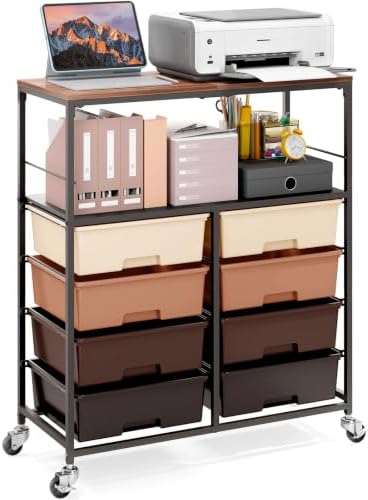 APEXCHASER Rolling Storage Cart with 8 Large Drawers, Wooden Tabletop