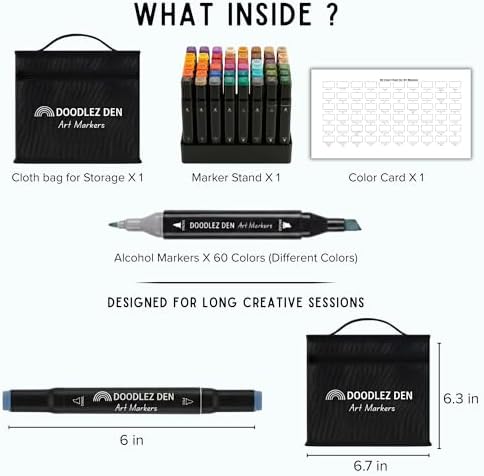 Alcohol Markers Set 60 Colors, Dual Tip Art Markers, Alcohol Based Markers for Adult Coloring Books, Artist Supplies, Chisel & Fine Tip with Black holder, Color Checking Card (60 Colors)