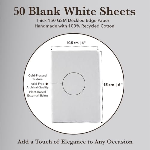 Wanderings Handmade White Deckle Edge Blank Paper - 4" x 6" - Pack of 50 - Watercolor/Mixed Media Paper - Save the Date Invitations Greeting Cards Notes DIY Arts Crafts - Thick 150 GSM