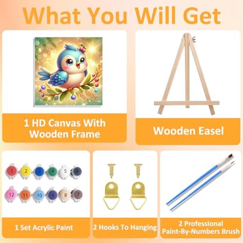 Bird Paint by Numbers Kit for Kids, 8x8 inch