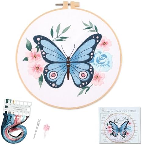 Silentsea Blue Butterfly Embroidery Kit for Beginners – Complete DIY Stitching Craft Set with Pre-Printed Fabric, Hoop, Threads & Video Tutorial – Ideal for Home Decor & Handmade Gifts