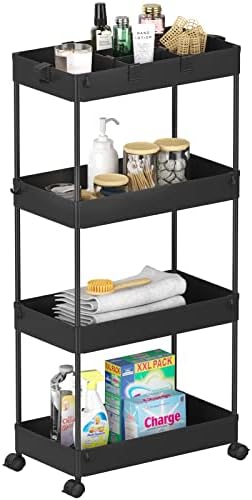 SPACELEAD 4 Tier Rolling Cart with Wheels, Storage Craft Art Trolley Organizer Serving, 3 Hanging Baskets Easy Assembly, for Office, Living Room, Kitchen