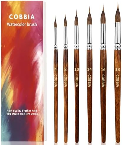 Watercolor Brushes Set of 6 - Extra Long Needle Point Detail Brushes for Fine Line Work, Featuring a Two-Layer Sable/Kolinsky Synthetic Blend for Continuous Painting & Broad Washes. Ideal for Artists.