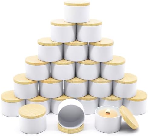 24-Pack 8oz Candle Tins with Wood-Grain Printing Lids, Metal Candle Jars for Candle Making, Empty Containers Vessels Bulk for Small Business & Beginners DIY Storage -Wood White