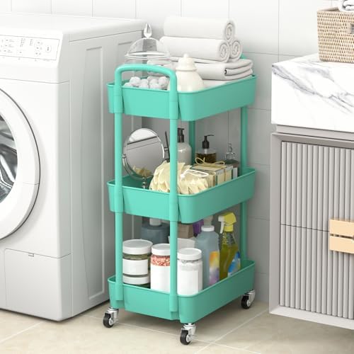 Sywhitta 3-Tier Plastic Rolling Utility Cart with Wheels for Storage, Green