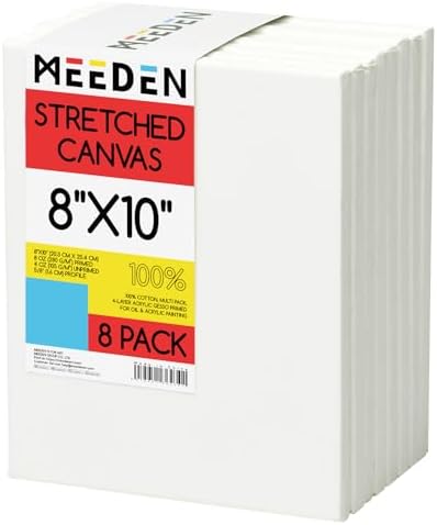 MEEDEN Stretched Canvas, 8 × 10 Inch, Pack of 8, Blank White Canvases for Painting, 100% Cotton, 9 oz Gesso-Primed, Pre-Stretched Canvas for Acrylic Oil Pouring & Airbrushing Painting