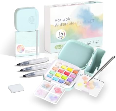 Mini Watercolor Paint Set, Compact Travel Art Kit with 16 Colors