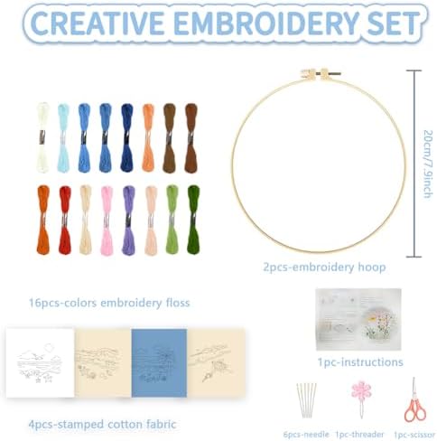 FREEBLOSS 4 Set Embroidery Kit for Beginners Adult Beach Stamped Embroidery Starter Kit with Instructions Needlepoint Accessories and Supplies for Craft Lover Hand Stitch, 2 Hoops 11.6"/29.5cm