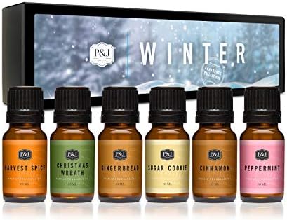 P&J Trading Fragrance Oil Winter Set | Cinnamon, Gingerbread, Sugar Cookies, Harvest Spice, Peppermint, and Christmas Wreath Candle Scents for Candle Making, Freshie Scents, Soap Making Supplies