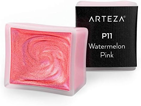 Arteza Metallic Watercolor Paint, Watermelon Pink A711, Set of 2 Half Pans, Pearl Paint, Vibrant and Pearlescent Hues, For Illustrations, Calligraphy, Painting