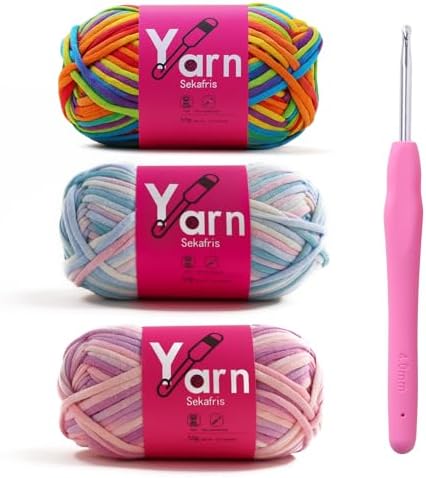 Crochet Yarn with Cotton Yarn for Crocheting - Crochet Knitting Yarns for Beginners with Easy-to-See Stitches - Yarn for Crocheting - Parfait Chunky Yarns(Rainbow+Clouds+Pinkish Purple)