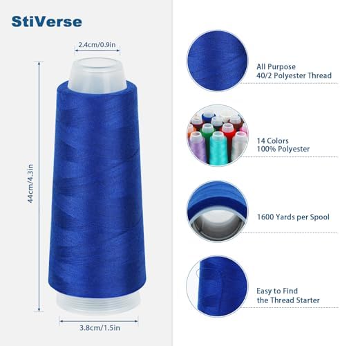 14 Pack Serger Thread Cones, Assorted Colors Polyester Thread, 40S/2-1600Y