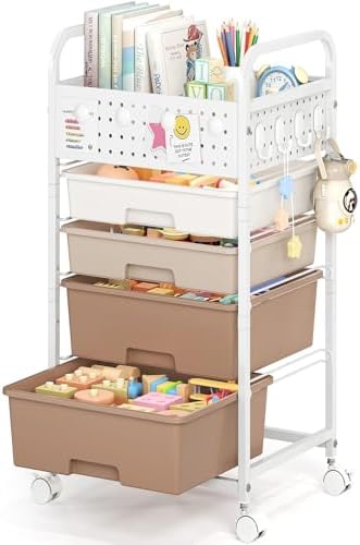 4 Drawer Rolling Storage Cart with Pegboard Top and Hooks, Brown