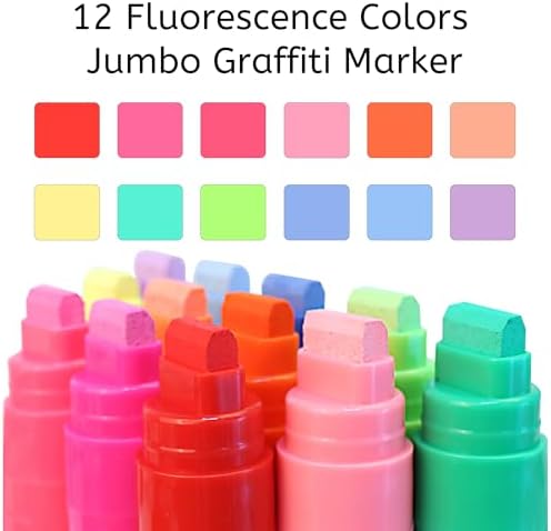 BIGTHUMB Jumbo Graffiti Poster Markers Set: 12 Neon Colors Large 15mm Wide Tip Permanent Ink Thick Acrylic Paint Pens for Rock Painting, Stone, Glass, Wood, Ceramic, Metal, Plastic, Fabric