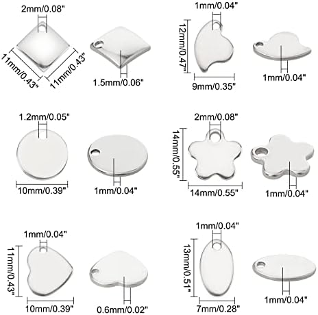 PandaHall Elite 120 Pcs 304 Stainless Steel Flat Blank Stamping Tag Pendants Charms 6 Styles for Jewelry Making