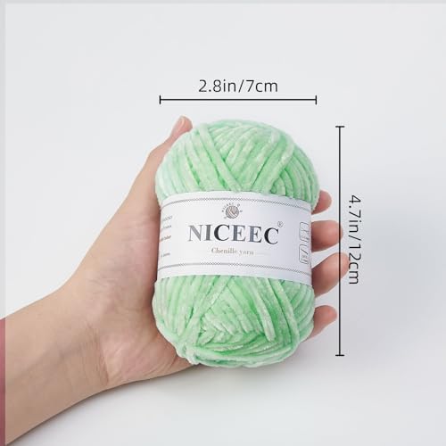 NICEEC 3 Skeins Soft Chenille Yarn 3 x85m (3X 93yds, 3X 50g)_Light Green