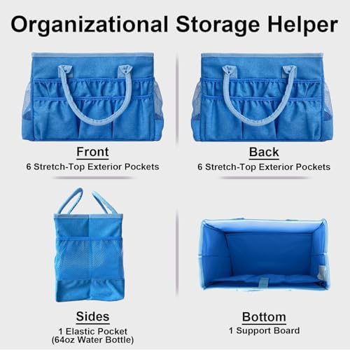 Cupohus Craft Organizer Tote Bag – Craft Caddy with 2 Mesh Side Pockets & Front Elastic Pockets, Foldable Large Capacity Supply Storage Bag for Sewing, Knitting, Painting, and Travel (Blue)