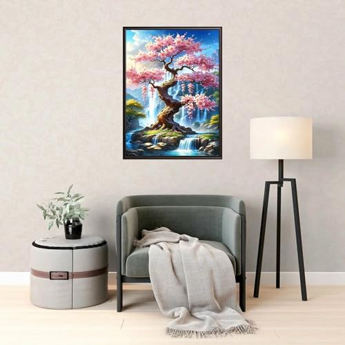 TYPUSOK Waterfall Diamond Art Kits for Adults,Round Full Drill 5D Diamond Painting Kits for Beginners,Cherry Blossoms DIY Diamond Dots Pictures Gem Art Kit,Home Wall Decor 12x16in