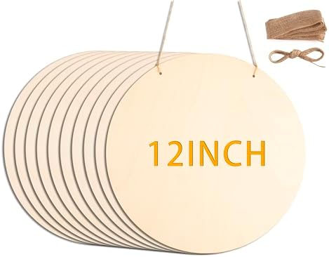 10Pcs 12 Inch Wood Circles for Crafts, Unfinished Wood Blank Wooden Door Hanger Sign, DIY Wood Rounds for Cricut Projects, Wood Burning, Painting, Valentines Day Decor DIY Crafts