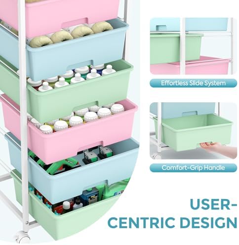 6 Drawer Rolling Storage Cart with Wooden Top and Wheels for Craft Rainbow