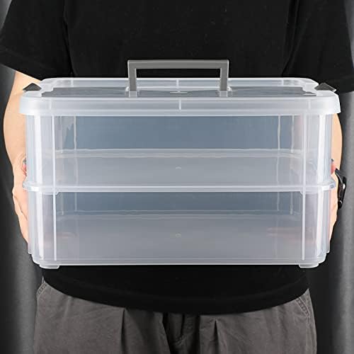 BTSKY 2 Layer Stack & Carry Box, Plastic Multipurpose Portable Storage Container Box Handled Organizer Storage Box for Organizing Stationery, Sewing, Art Craft, Jewelry and Beauty Supplies Dark Grey
