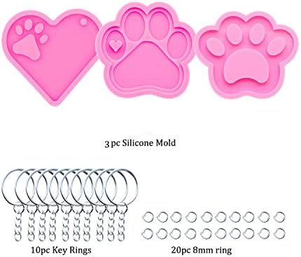 3pc Glossy Resin Silicone Paw Print Molds DIY Making Keychain, Heart with Paw Cutout Epoxy Mold with 10PC Key Ring(DY0129+DY0292+DY0404)