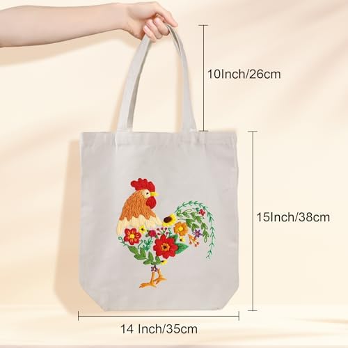 Louise Maelys Embroidery Kit Canvas Tote Bag for Beginners, Floral Rooster