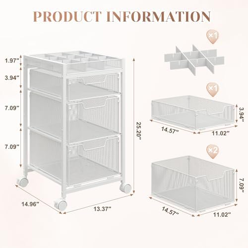 Rolling Utility Cart with 3 Drawers, Craft Organizer and Storage with DIY Divider, Lockable Wheels, Multi-Functional Storage for Art Supplies, Store for Brushes & Paints & Artifacts,White