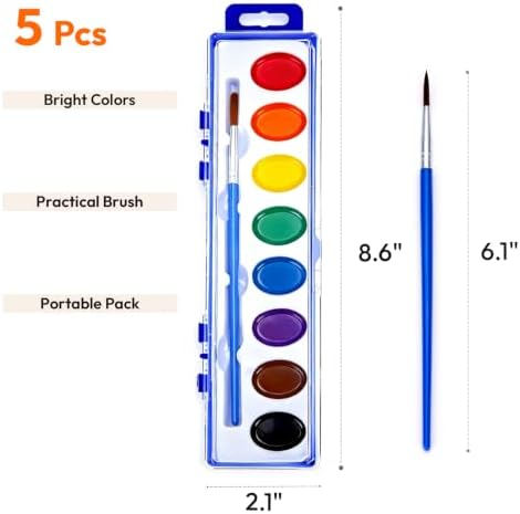 JEAWIWI 5 Pack Watercolor Paint Sets, 8 Washable Colors with Brushes