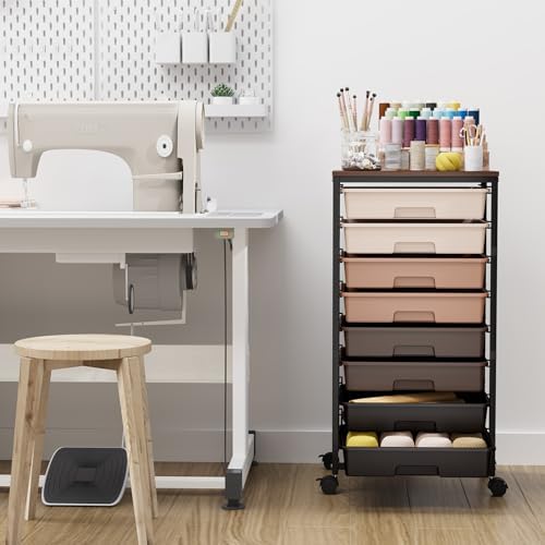 TOOLF Rolling Storage Cart with 8 Drawers,Brown | Utility Cart on Wheels with Wooden Tabletop,Teacher Organization for Classroom, Art Cart for Office,Bedroom,Craft Room