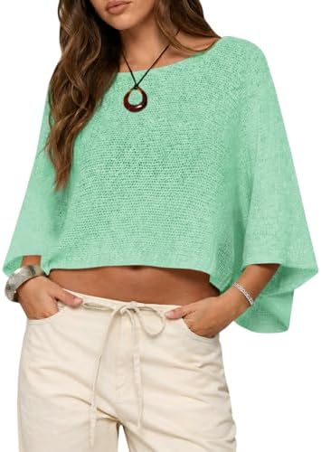 Saodimallsu Womens Crochet Cover Ups Batwing Sleeve Sweater Crop Tops Lightweight Summer Boho Knit Sheer Poncho Top