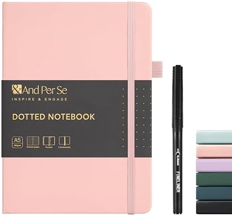 &And Per Se Dotted Notebook with Pen, A5 Hardcover Dotted Journal, 160 Pages 100GSM Thick Paper Dot Grid Journal with Fineliner Pen (Pink)