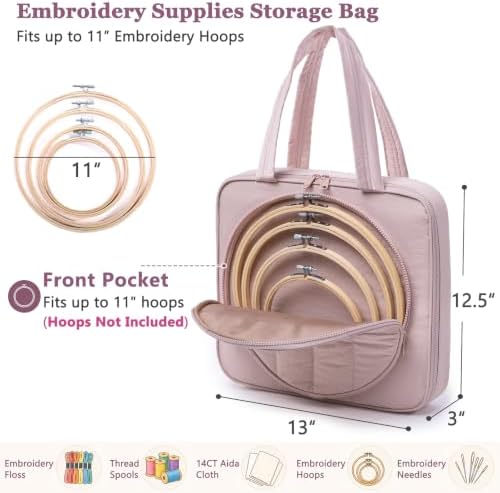 Puffy Embroidery Project Bag, Quilted Embroidery Floss Organizer for Hoops up to 11", Cross Stitch Project Storage Case for Needlepoint Project, Thread & Stitch Tools