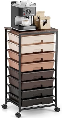 TOOLF Rolling Storage Cart with 8 Drawers,Brown | Utility Cart on Wheels with Wooden Tabletop,Teacher Organization for Classroom, Art Cart for Office,Bedroom,Craft Room