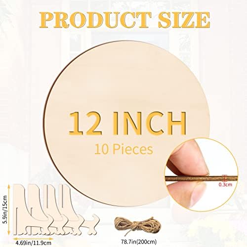 12 Inch Wood Circles for Crafts, 10Pcs Unfinished Wood Rounds with Holders for Cricut Projects, Burning, Painting, Door Hanger, DIY Wooden Crafts Gifts for Halloween Fall Holiday Home Decor(10PCS)