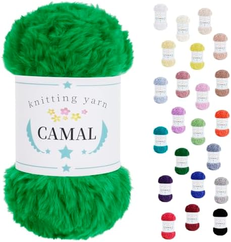 CAMAL Soft Faux Fur Yarn for Crocheting Blanket, 65 Yards Chunky Eyelash Yarn for Knitting Hats, 100 Grams Fuzzy Velvet Crochet Thread for Dolls, Earmuffs, Bags (Grass Green)