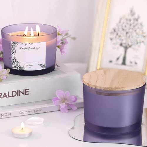 6 Pack Glass Candle Jars with Lids (16oz, Frosted Purple) - Large Candle Jars for 3 Wick Candles Making - Empty Candle Jars Containers - Candle Making Accessories include 16Pcs Candle Labels