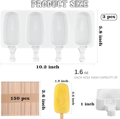 Sakolla Large Oval 4 Cavities Silicone Popsicle Molds, Set of 3