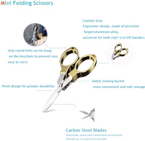YVAOG Mini Folding Scissors, Safe Portable Travel Mini Scissors, Stainless Steel Retractable Small Scissors for Home Office, 2 Piece Set (gold)