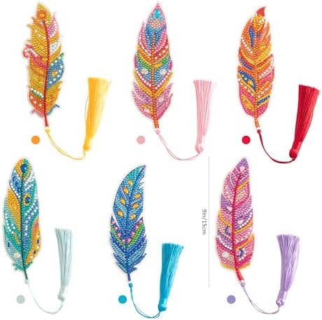 6 Pcs 5D Diamond Painting Art Kit, DIY Acrylic Crystal Diamond Bookmarks with Tassel, Flower & Feather Designs, Handmade Crafts BookMark Gift for Book Lovers, Women & Teenage, Creative Decor