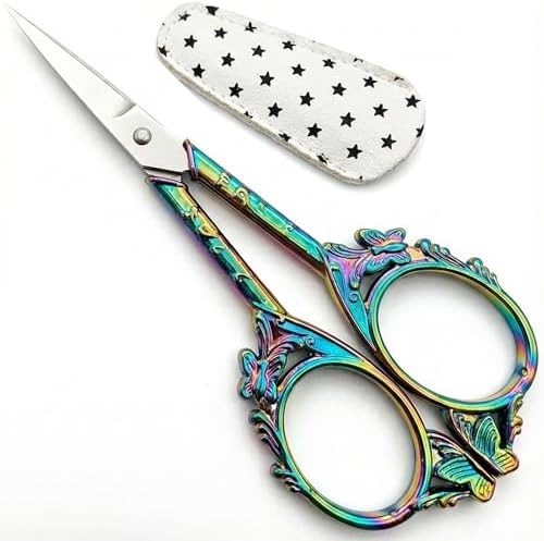 Crochet Scissors with Cover – Rainbow Vintage Small Embroidery Scissors, Sharp Butterfly Craft Scissors for Yarn Thread Sewing Needlework, Pretty Gift for Crocheter Quilter, 4.6 Inch
