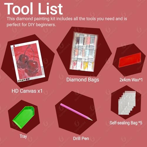 Gamteldot Cherry Diamond Art Kits for Adults Beginners,DIY Cherry Diamond Art 5D Full Drill Diamond Dots Diamond Painting with Complete Tools,Pefect Art Crafts for Home Wall Decor Gift-12x16in