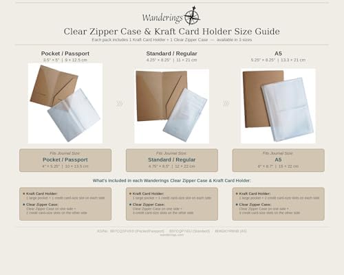 Wanderings Clear Zipper Case and Kraft Card Holder for Refillable Travel Journals - 5.25" x 8.25" (13 x 21cm) - A5 Size