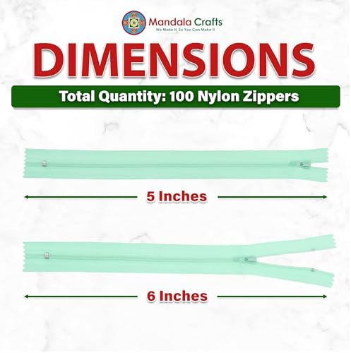 Mandala Crafts 100 PCs Mint Closed-End 5 Inches Nylon Zippers for Sewing